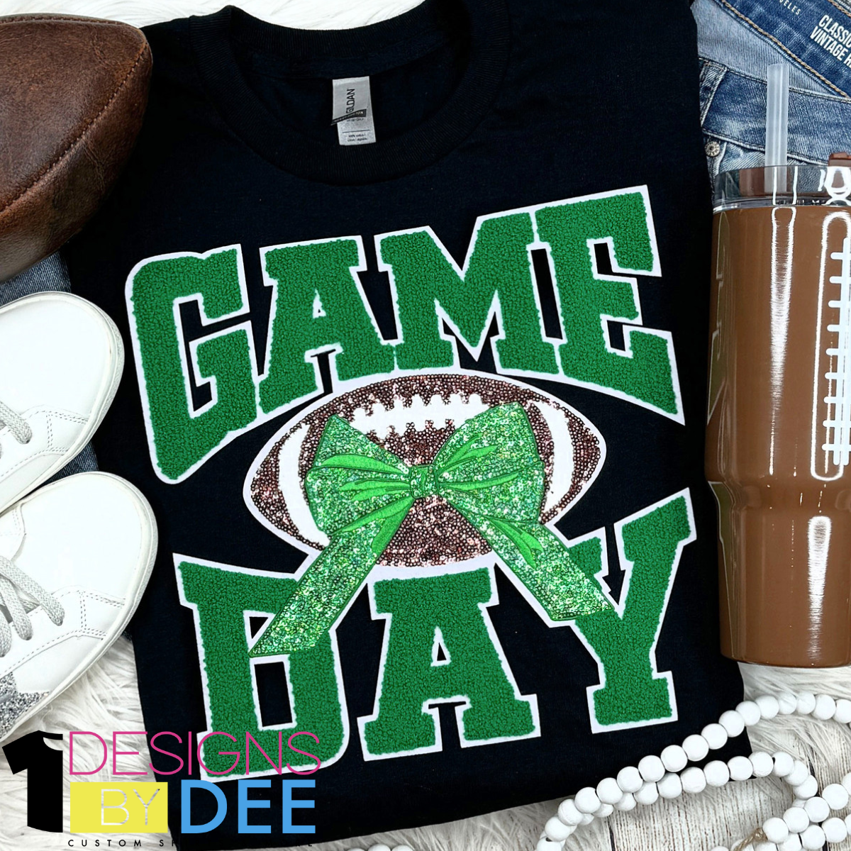 Green Chenille Football Game Day with Sequin Bow Design