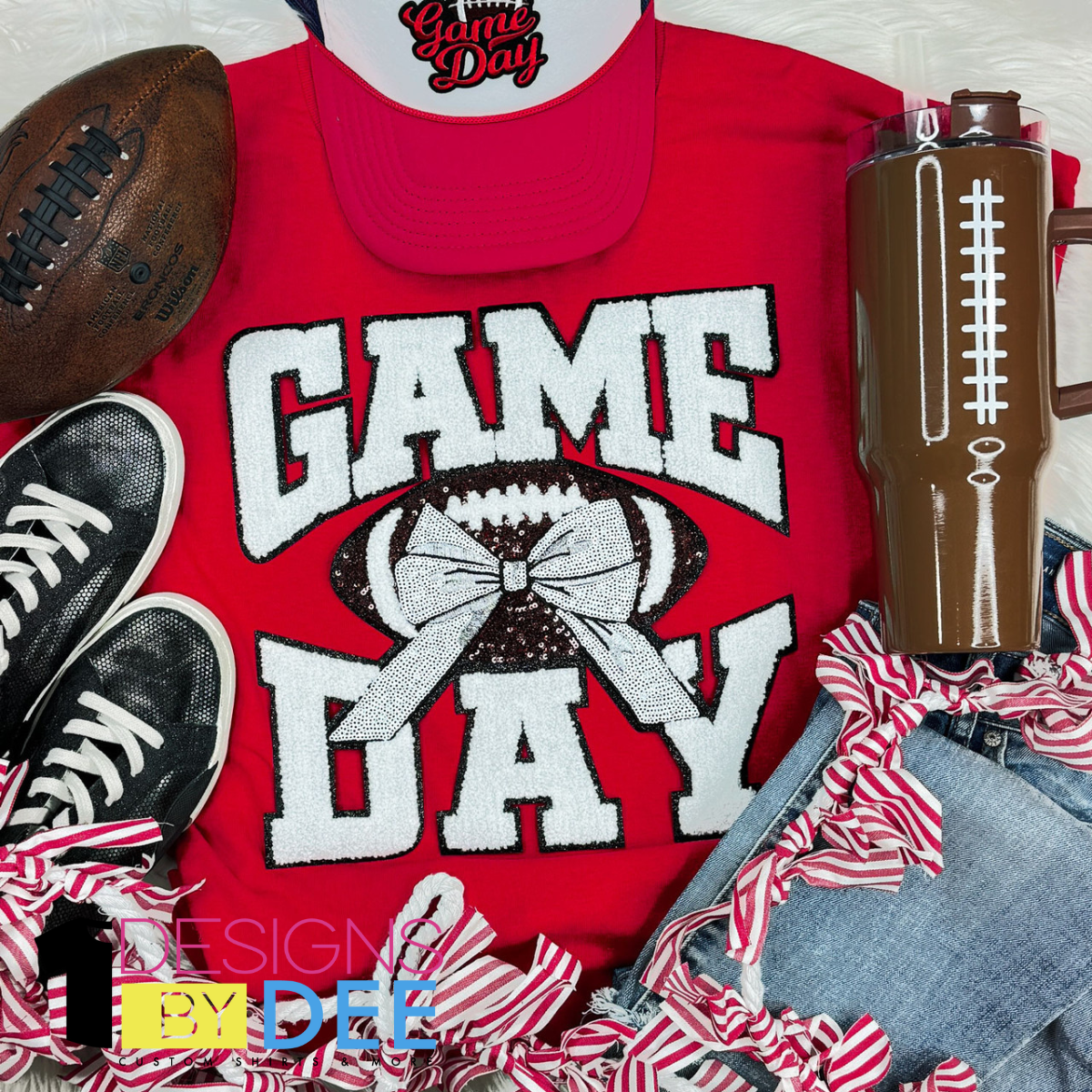 White Chenille Football Game Day with Sequin Bow Design