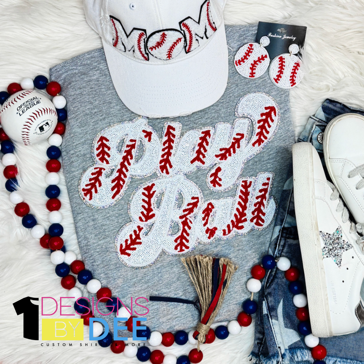 White Play Ball Baseball Sequins Design