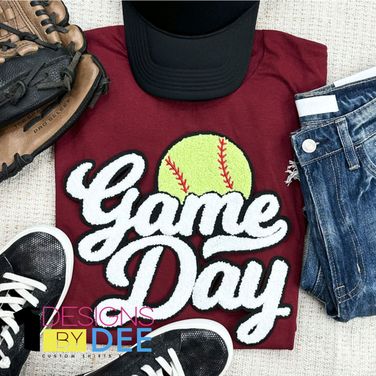Softball White Game Day Chenille Design