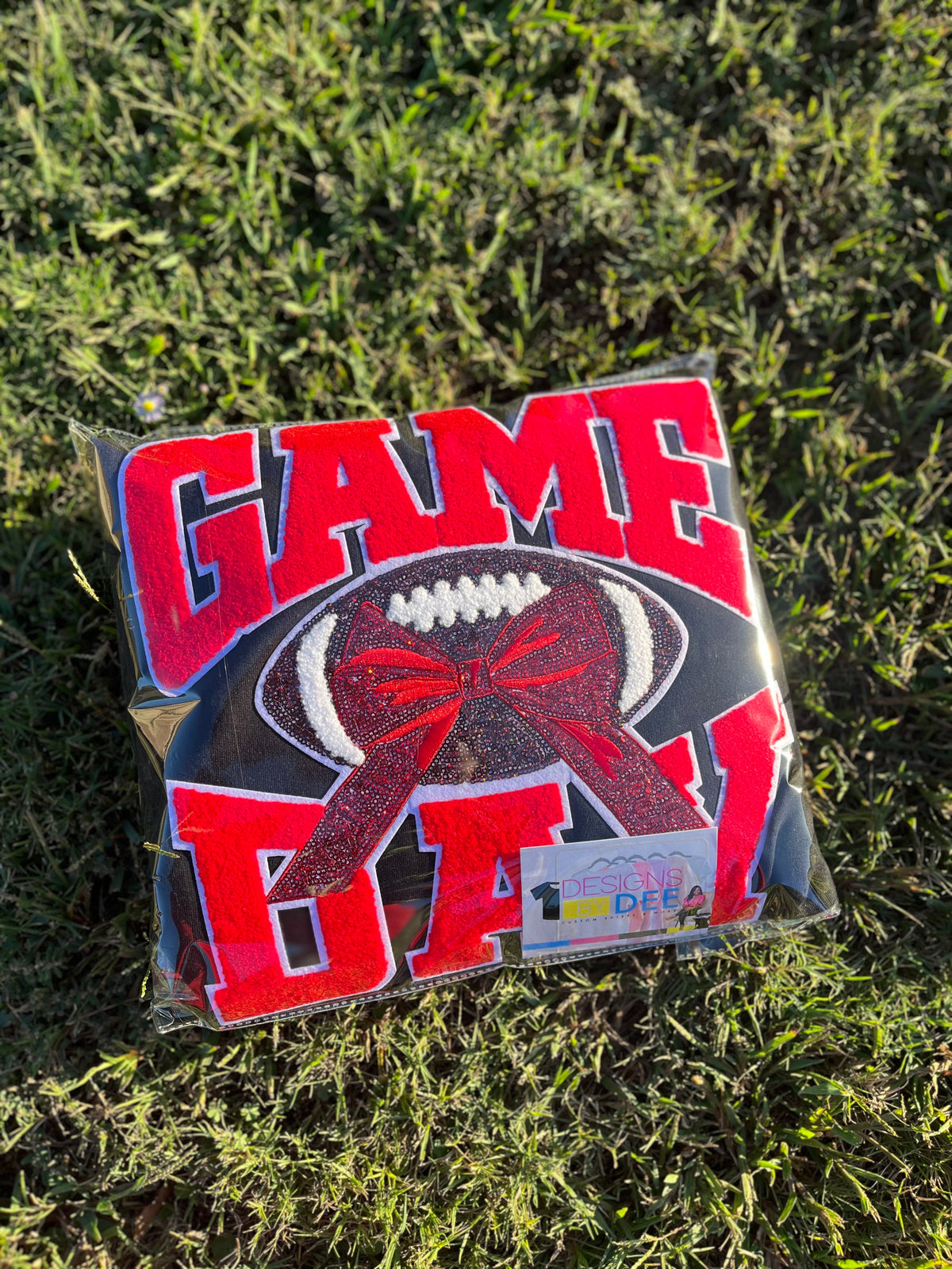 Red Chenille Football Game Day with Sequin Bow Design