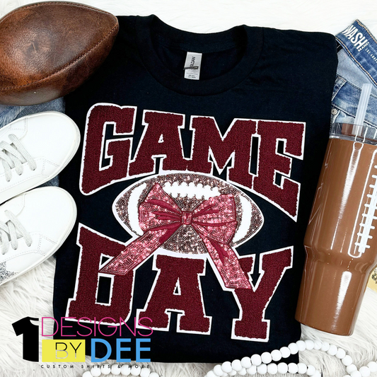 Maroon Chenille Football Game Day with Sequin Bow Design