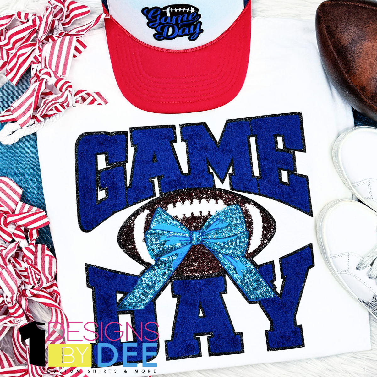 Blue Chenille Football Game Day with Sequin Bow Design