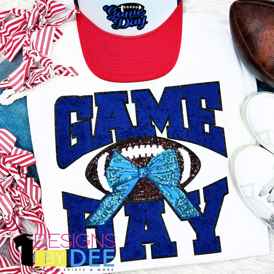 Blue Chenille Football Game Day with Sequin Bow Design
