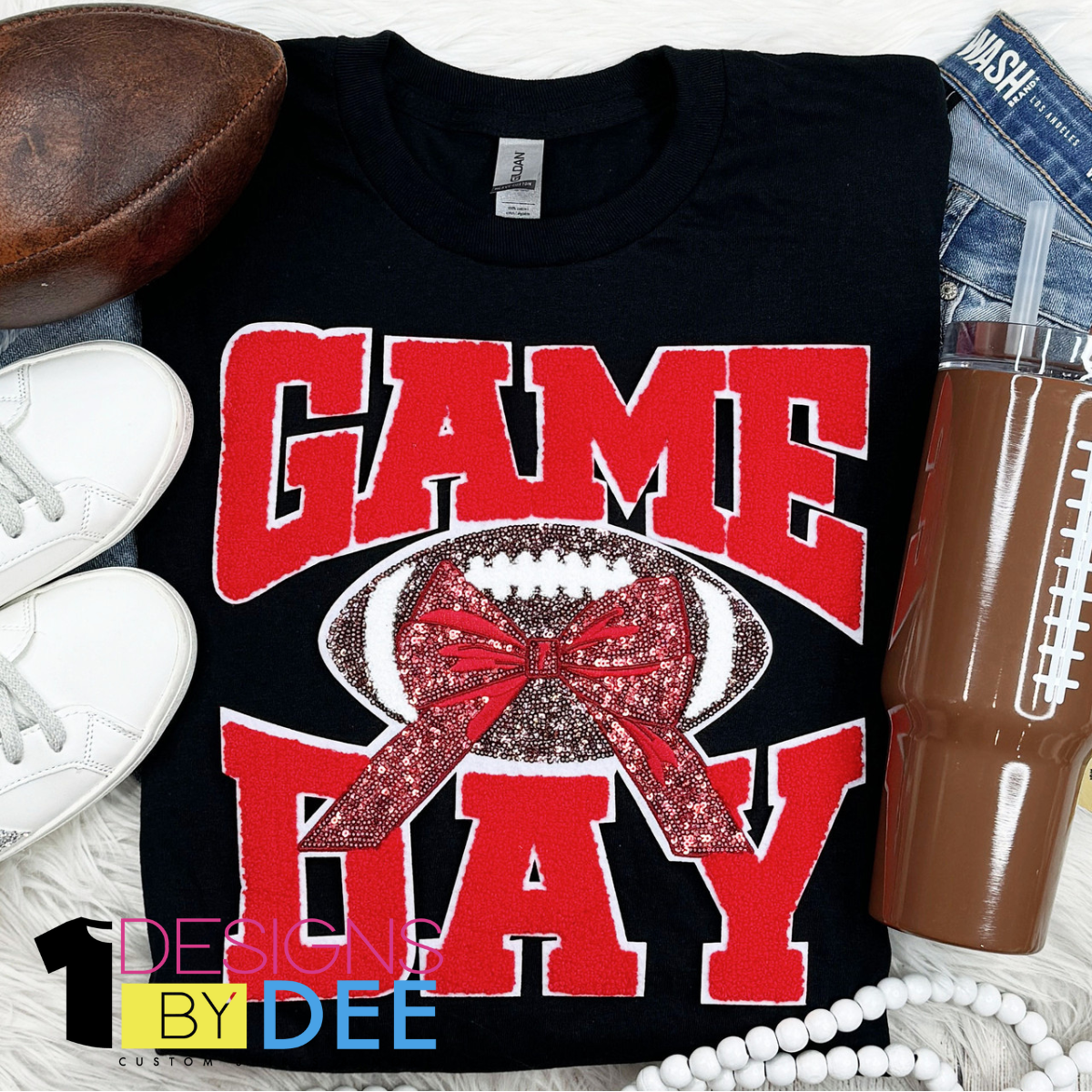 Red Chenille Football Game Day with Sequin Bow Design