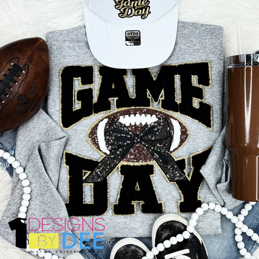 Black Chenille Football Game Day with Sequin Bow Design