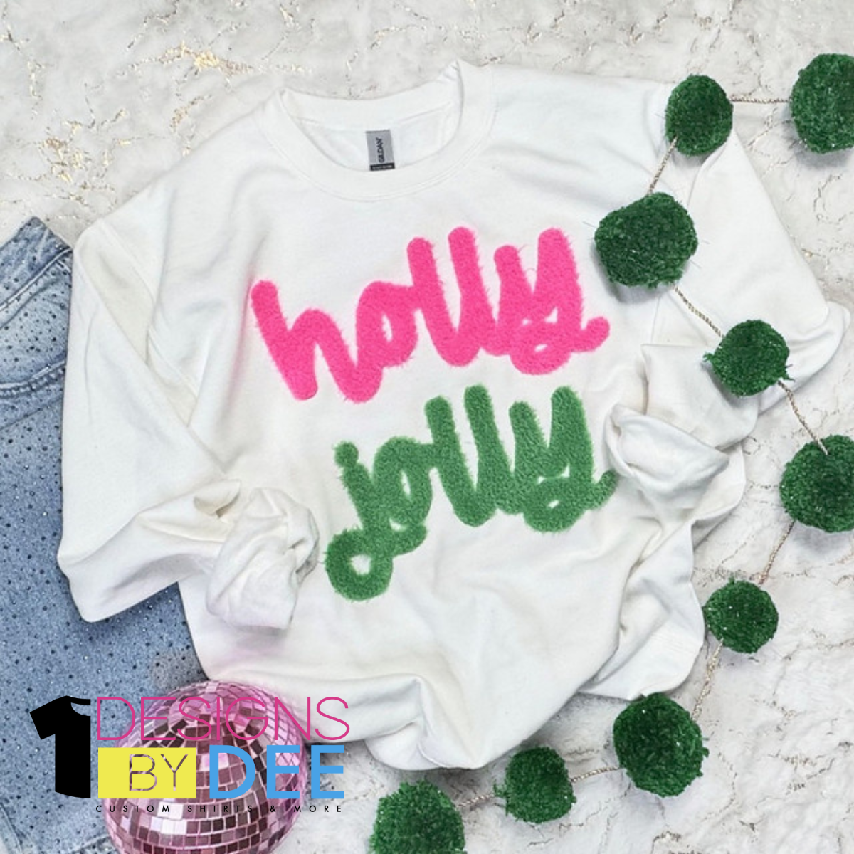 Pink & Green Holly Jolly Fluffy Chenille Design