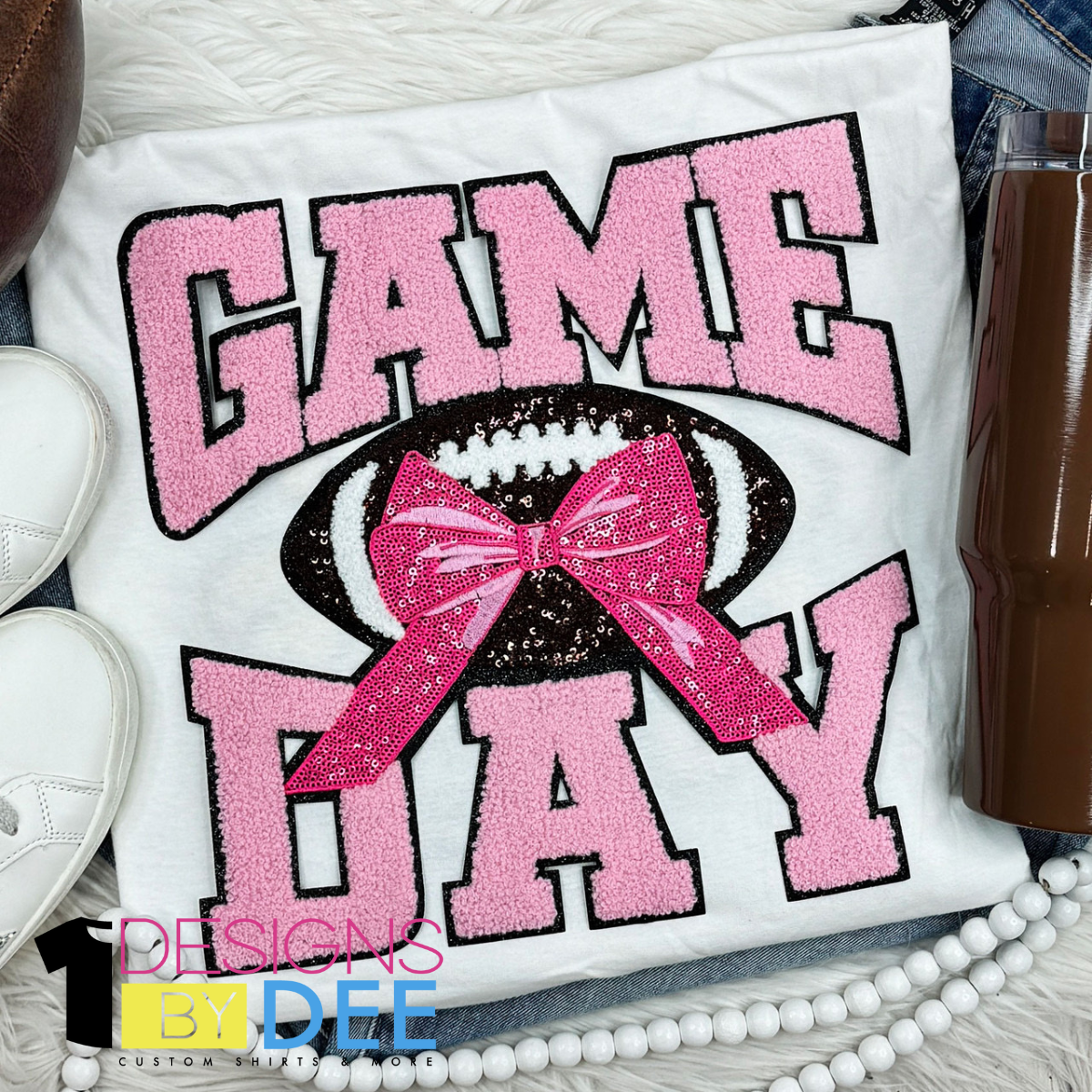 Light Pink Chenille Football Game Day with Sequin Bow Design