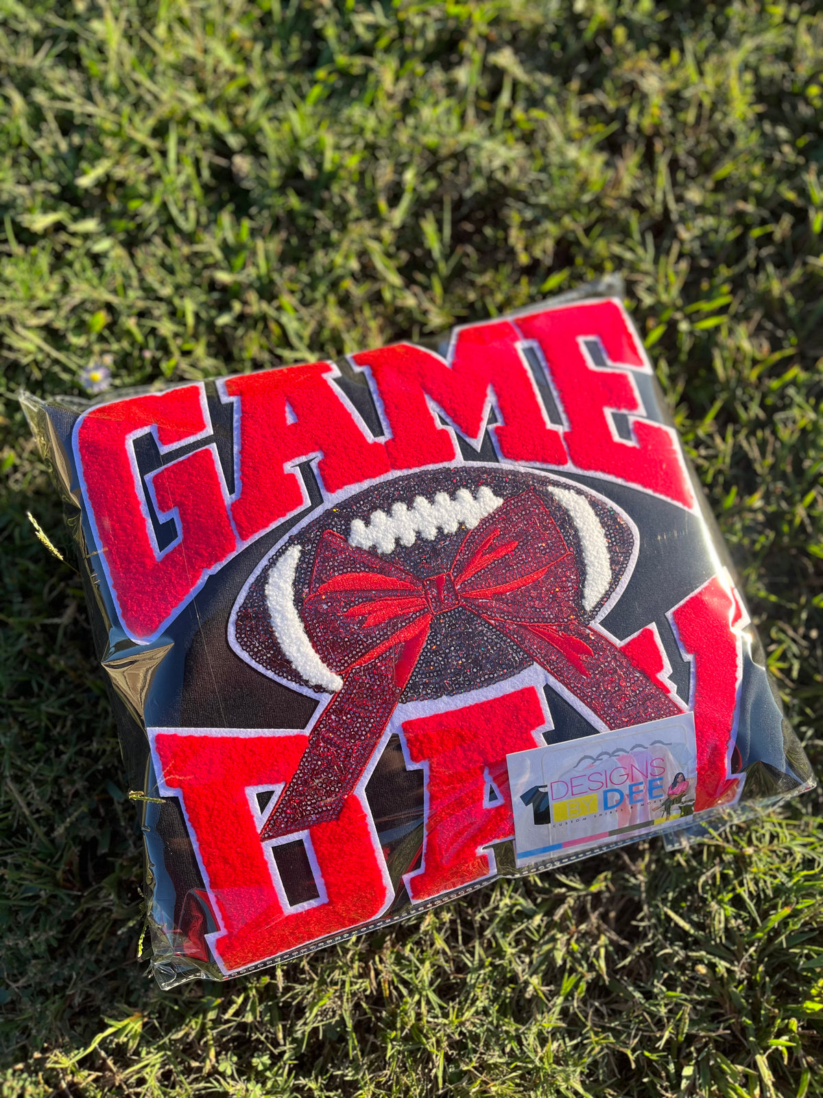 Red Chenille Football Game Day with Sequin Bow Design