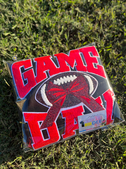 Red Chenille Football Game Day with Sequin Bow Design