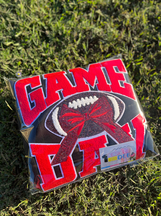 Red Chenille Football Game Day with Sequin Bow Design