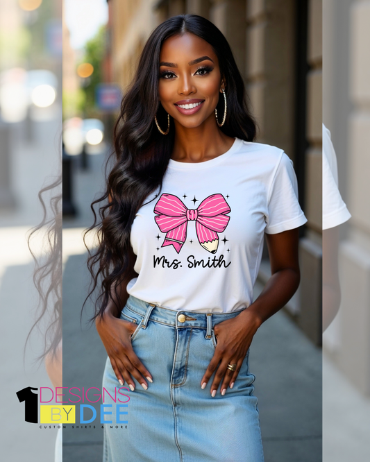 PINK PENCIL BOW TEE - Designs by Dee 042