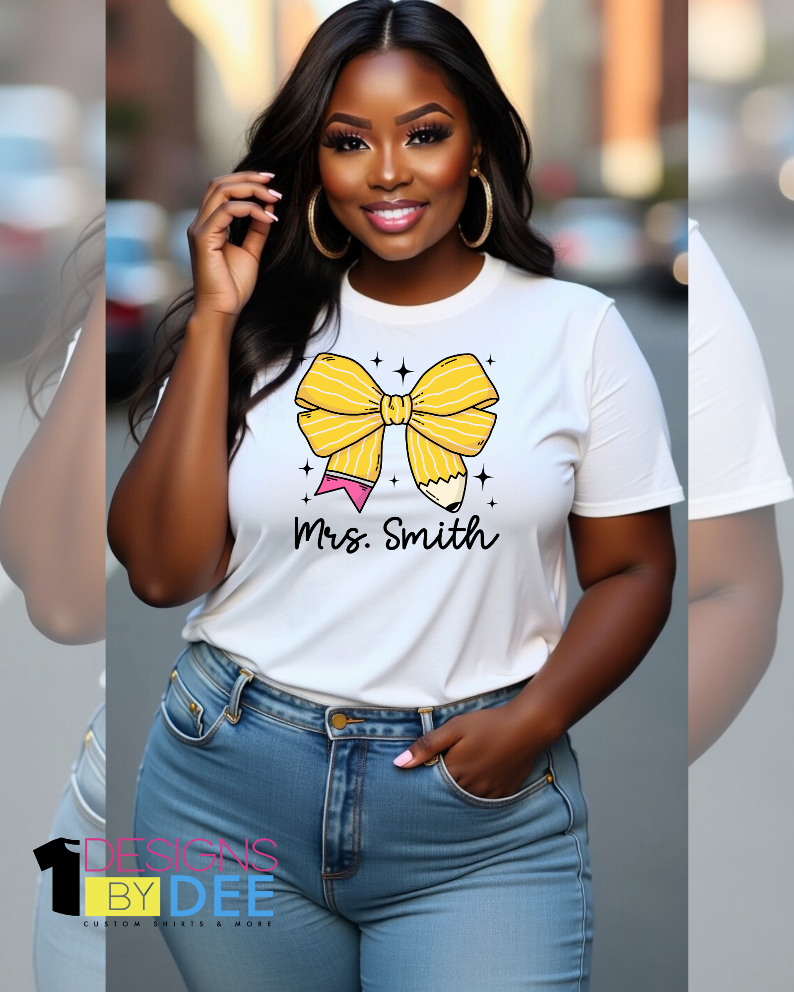 YELLOW PENCIL BOW TEE - Designs by Dee 042